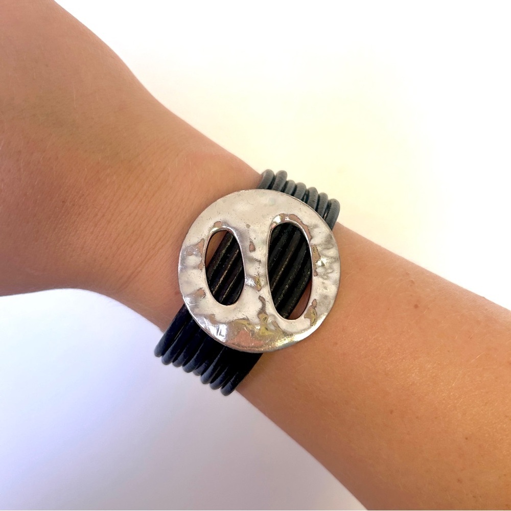 Modernist Vintage Black Leather & Silver-Tone Statement Bracelet